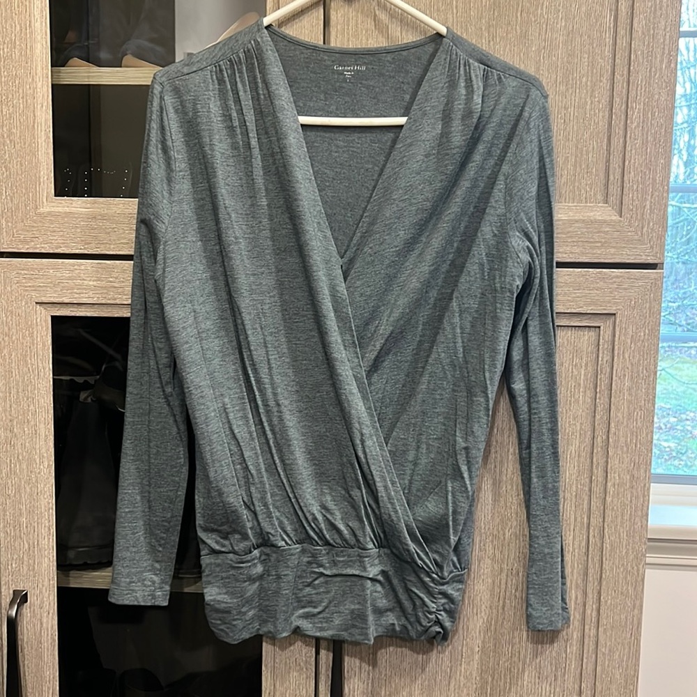 Sage green , long sleeve, faux wrap, cinched waits, knit top